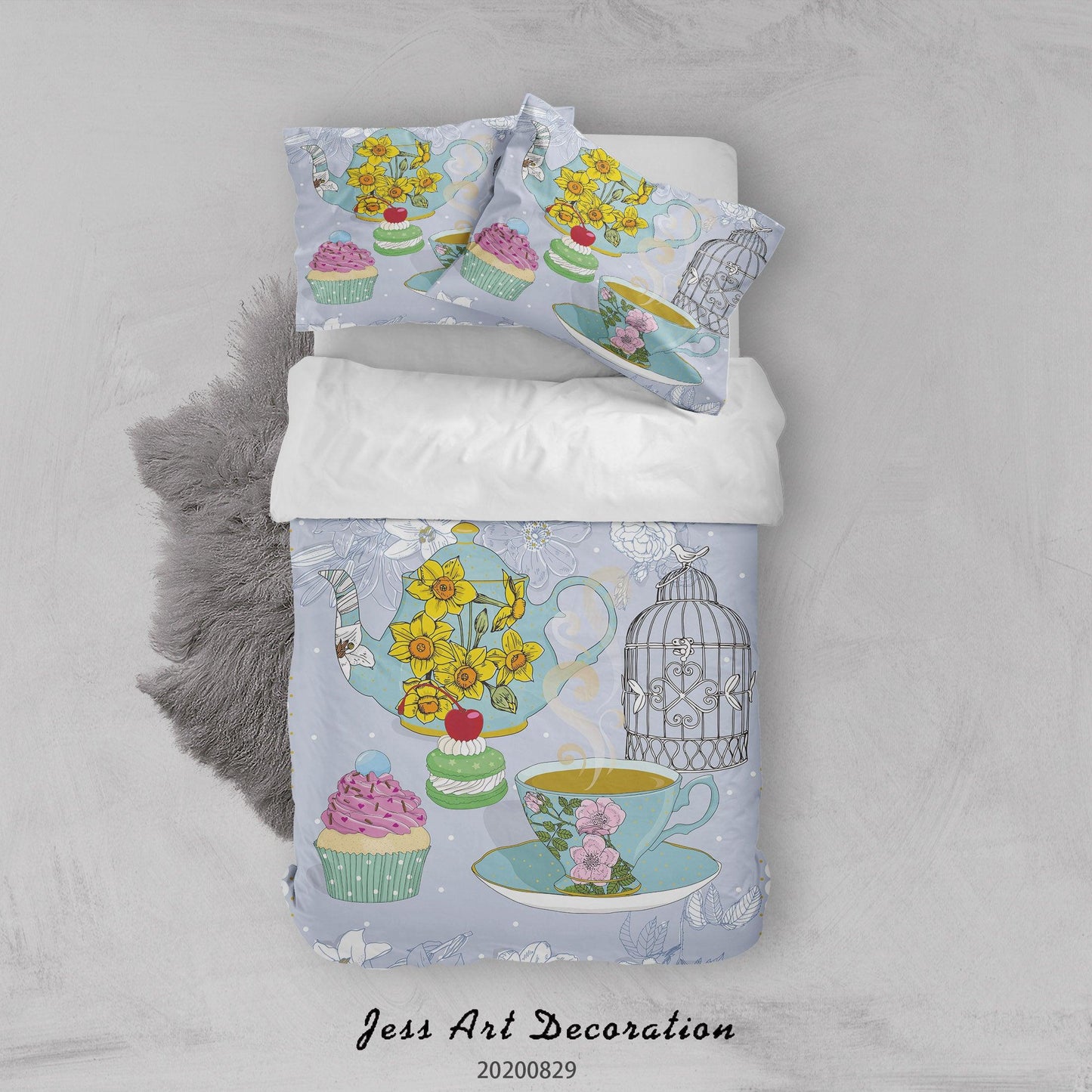 3D Abstract Hand Draw Cartoon Teacup Floral Pattern Quilt Cover Set Bedding Set Duvet Cover Pillowcases WJ 3593
