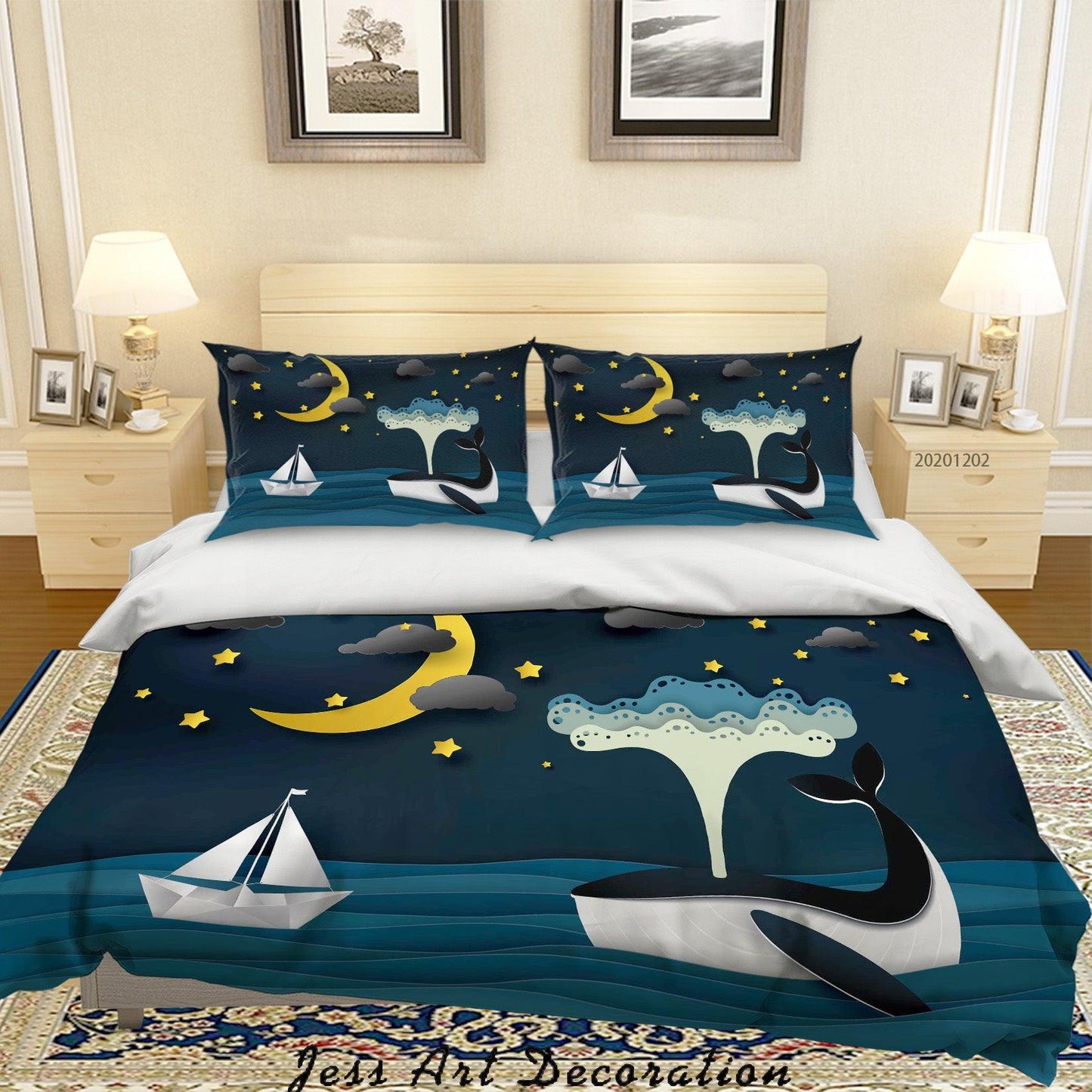 3D Cartoon Night Moon Star Cloud Sailboat Ocean Whale Quilt Cover Set Bedding Set Duvet Cover Pillowcases LXL