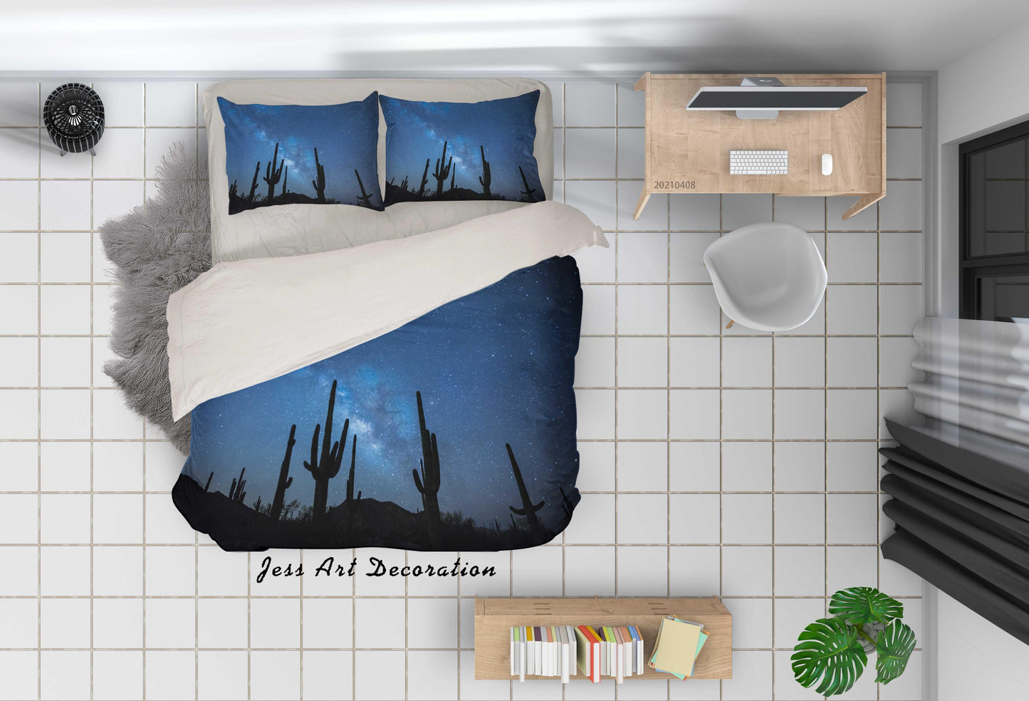 3D Blue Starry Cactus Quilt Cover Set Bedding Set Duvet Cover Pillowcases 226