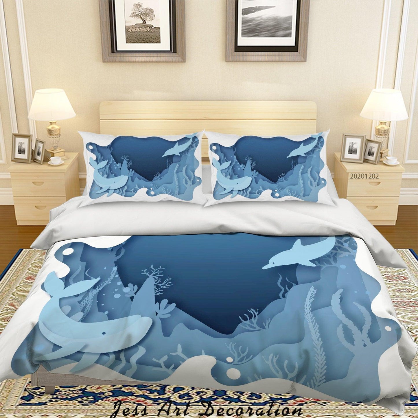 3D Cartoon Hand Drawn Blue Ocean Whale Fish Seaweed Quilt Cover Set Bedding Set Duvet Cover Pillowcases LXL