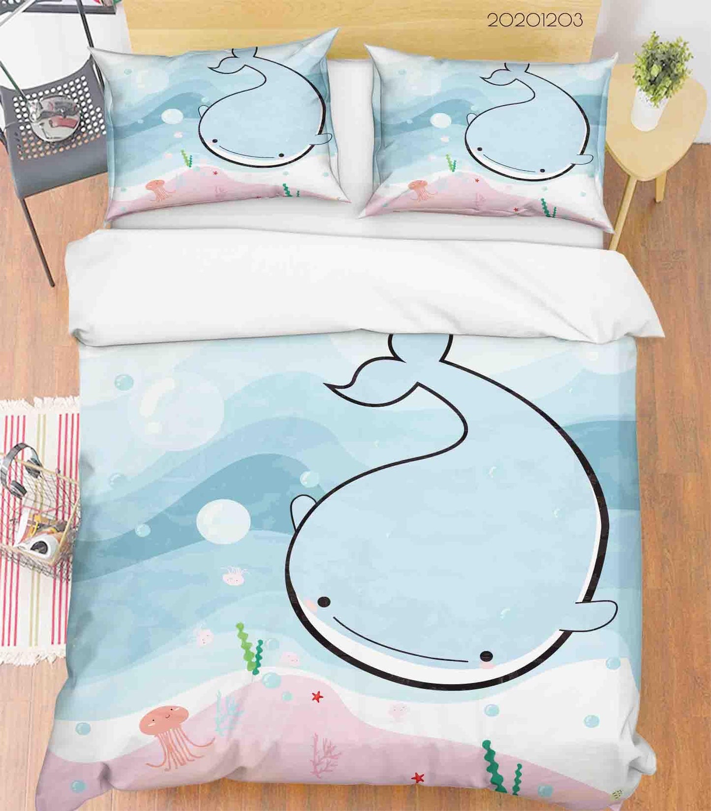 3D Cartoon Blue Ocean Baby Whale Bubble Seaweed Quilt Cover Set Bedding Set Duvet Cover Pillowcases LXL