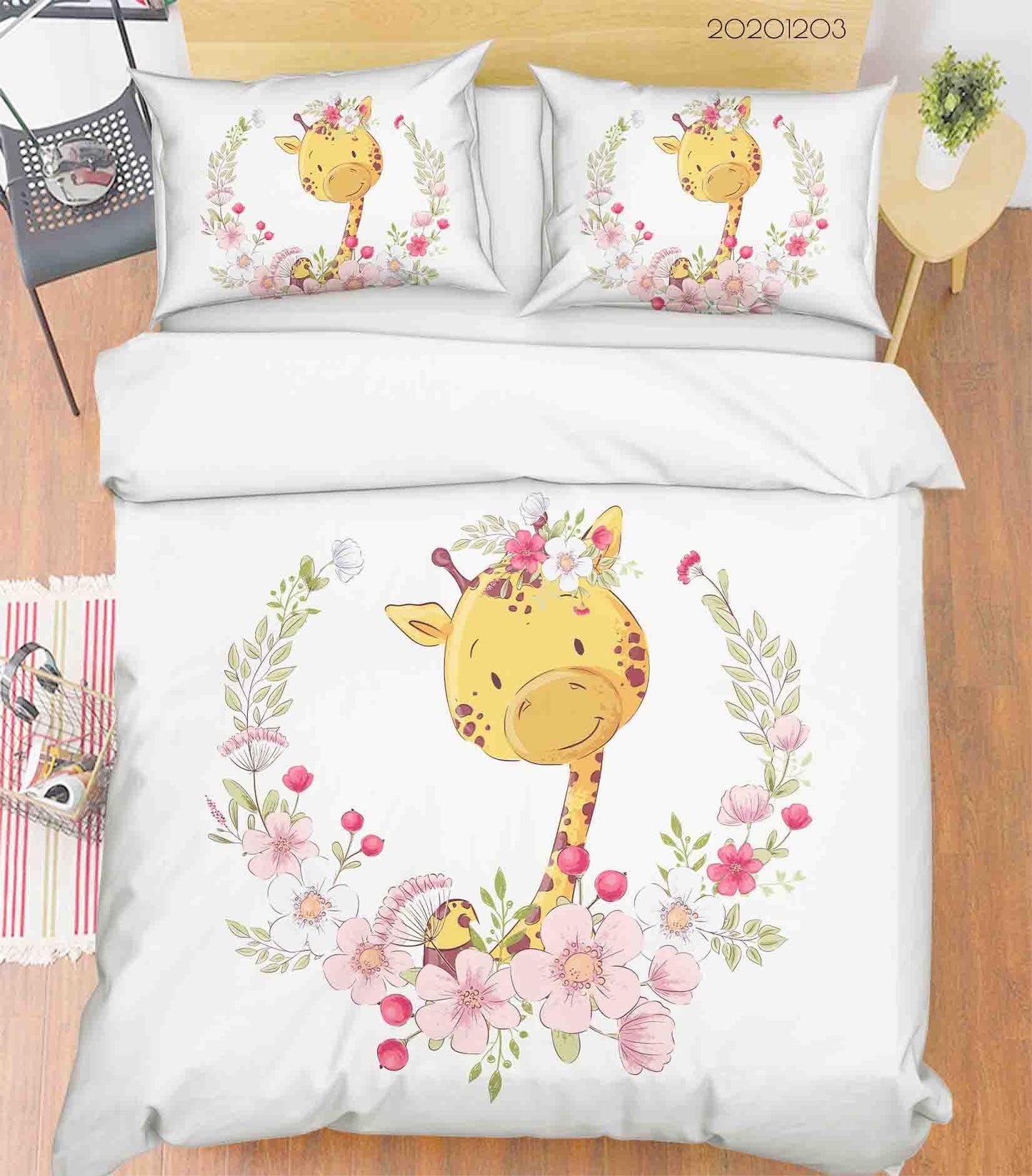 3D Cartoon Hand Drawn Pink Floral Plant Giraffe Animal Quilt Cover Set Bedding Set Duvet Cover Pillowcases LXL