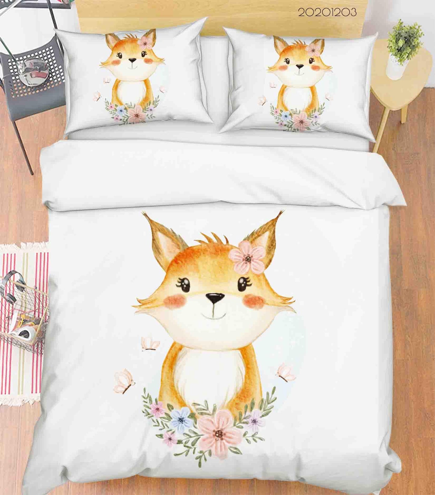 3D Cartoon Cute Baby Fox Floral Butterfly Watercolor Illustration Animal Quilt Cover Set Bedding Set Duvet Cover Pillowcases LXL
