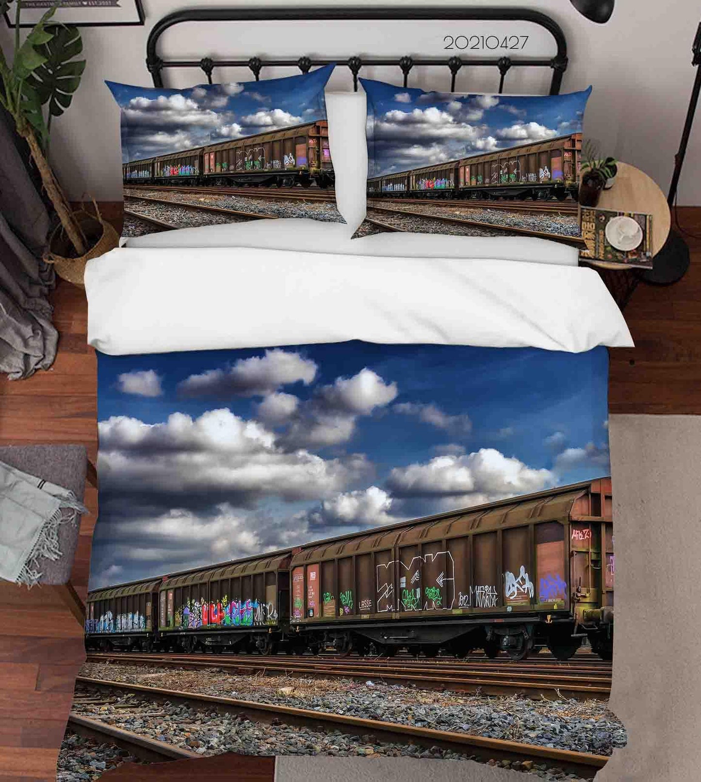 3D Blue Sky White Cloud Train Graffiti Quilt Cover Set Bedding Set Duvet Cover Pillowcases 109