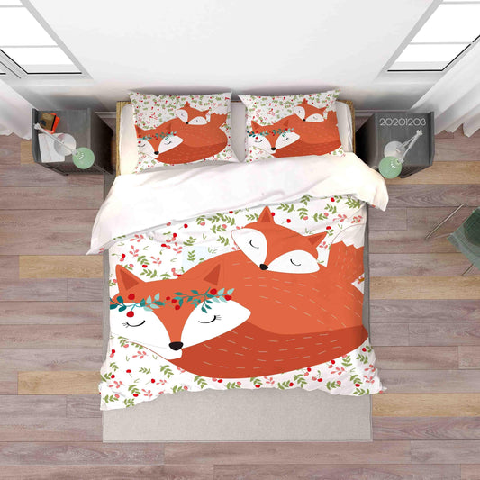 3D Cartoon Hand Drawn Floral Plant Sleeping Fox Animal Quilt Cover Set Bedding Set Duvet Cover Pillowcases LXL