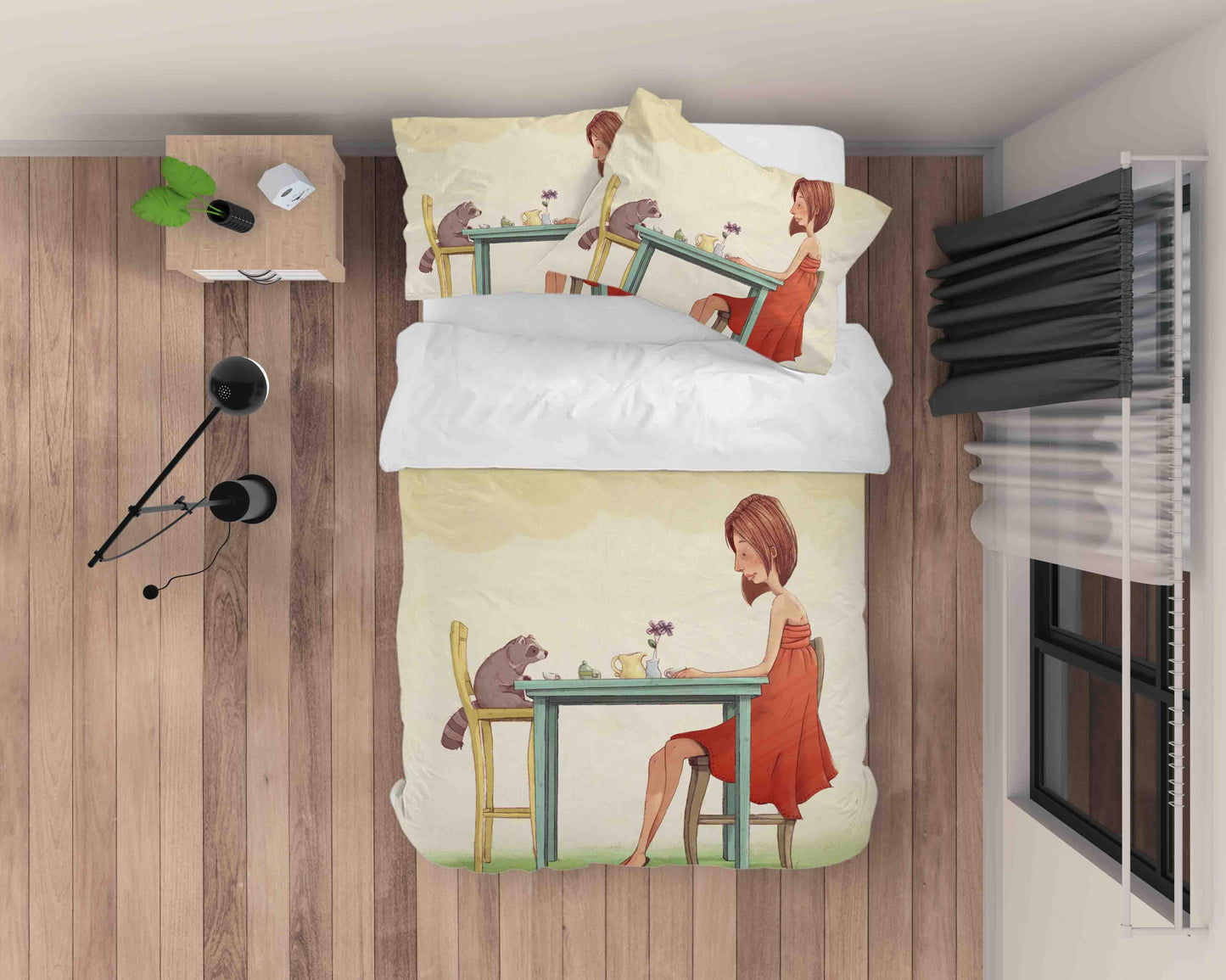 3D Cartoon Dining Table Beauty Raccoon Quilt Cover Set Bedding Set Duvet Cover Pillowcases SF056