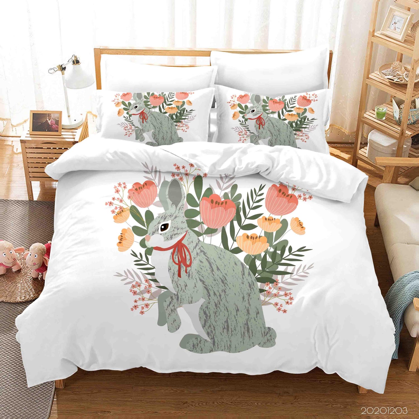 3D Cartoon Hand Drawn Colorful Floral Plant Illustration Bunny Animal Quilt Cover Set Bedding Set Duvet Cover Pillowcases LXL