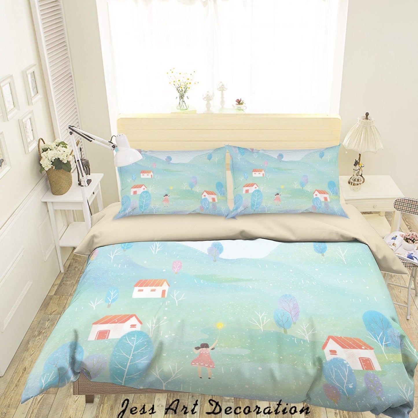 3D Cartoon House Tree Girl Quilt Cover Set Bedding Set Duvet Cover Pillowcases A582 LQH