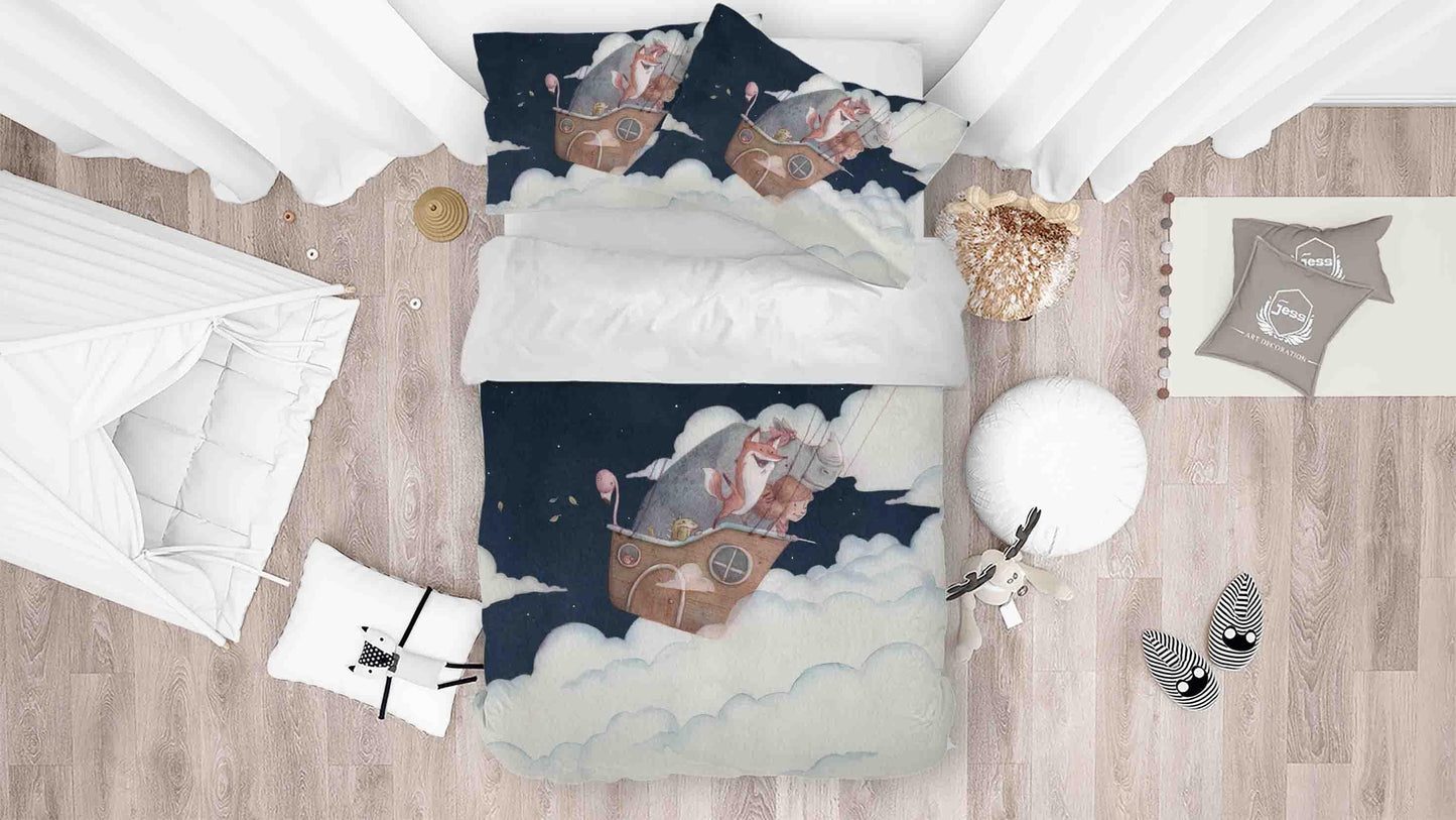 3D Cartoon Animal Hot Air Balloon Girl Rhino Fox Flamingo Quilt Cover Set Bedding Set Duvet Cover Pillowcases SF037
