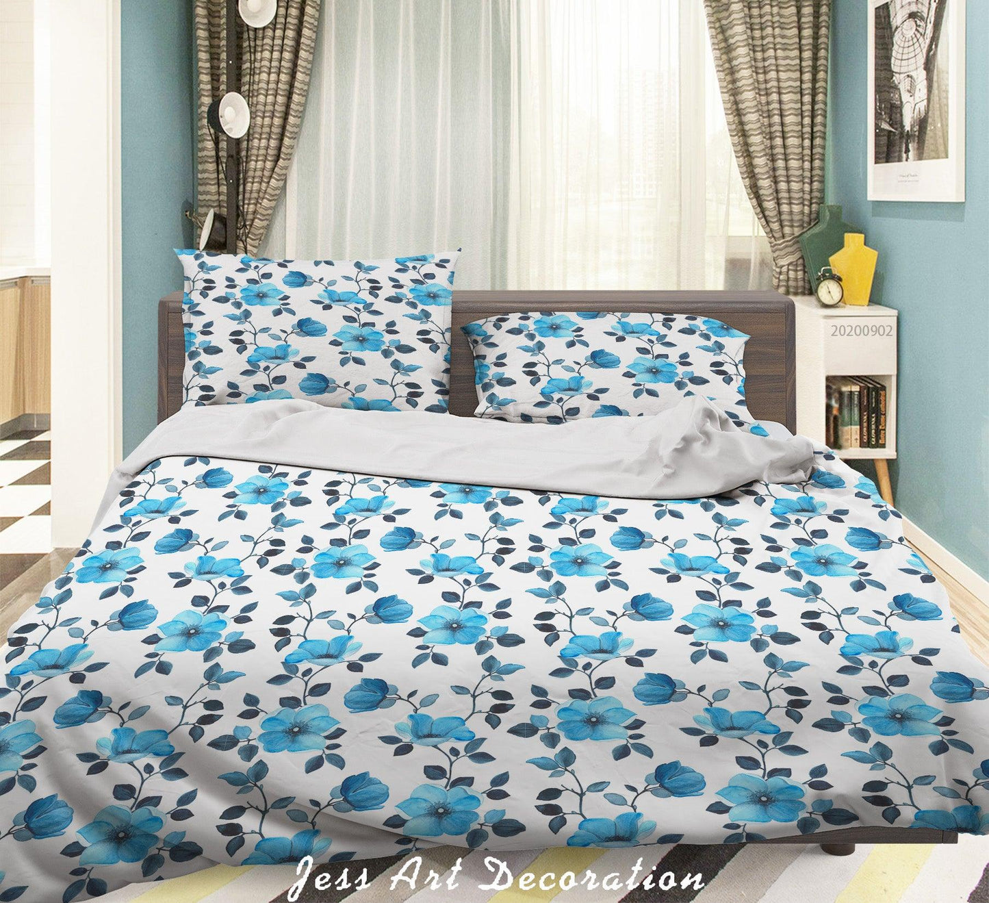 3D Blue FLowers Leaves Pattern Quilt Cover Set Bedding Set Duvet Cover Pillowcases WJ 1426