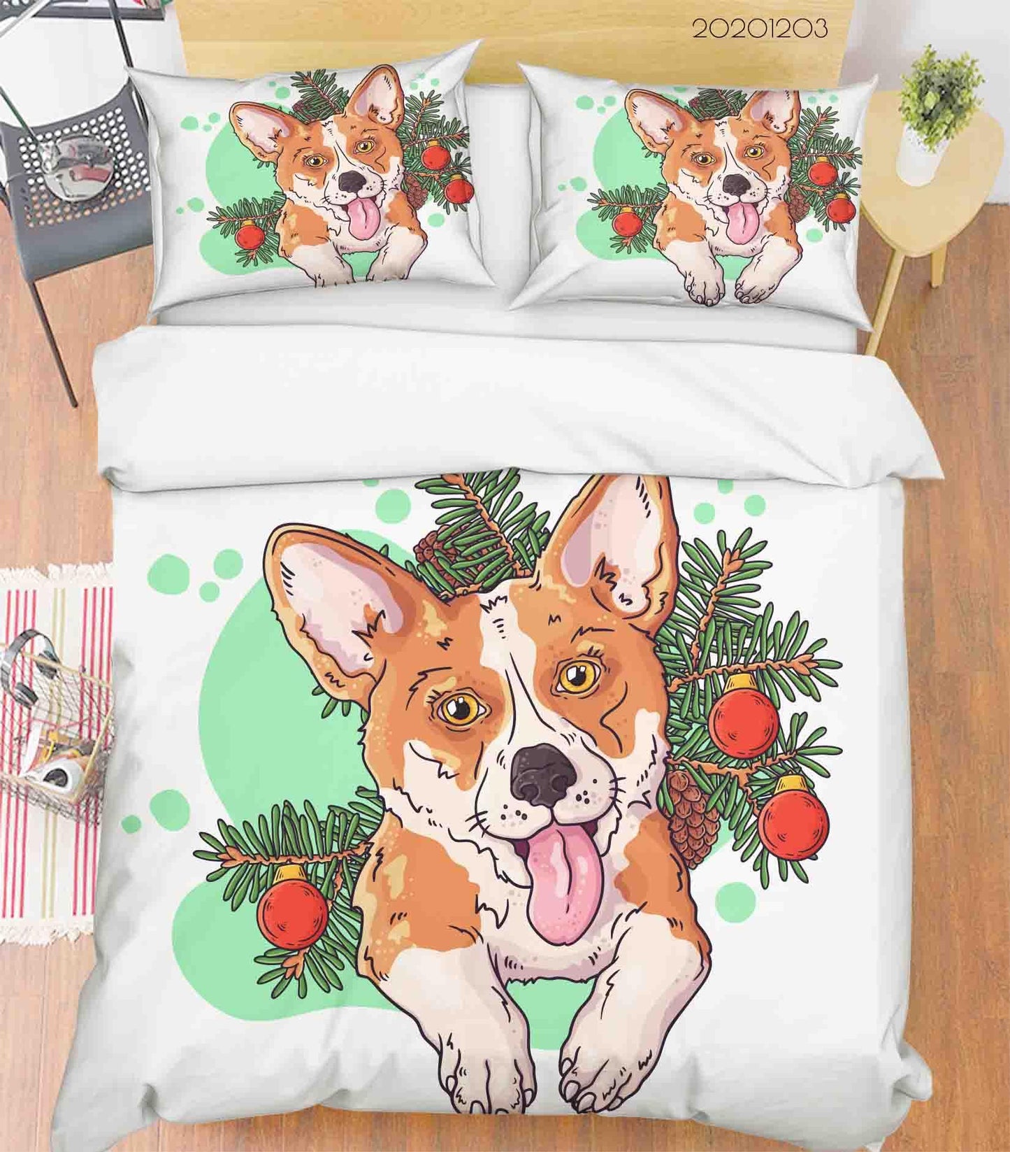 3D Cartoon Hand Drawn Illustrations Portrait Cute Corgi Dog Christmas Tree Animal Plant Quilt Cover Set Bedding Set Duvet Cover Pillowcases LXL
