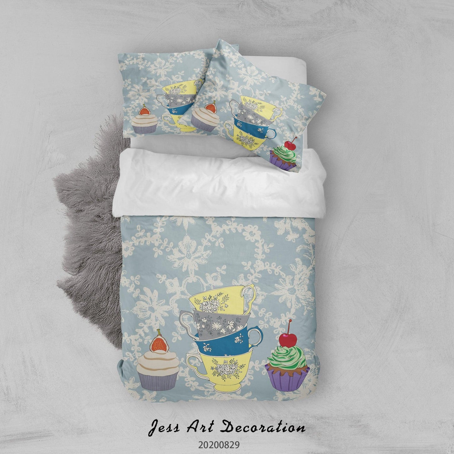 3D Abstract Hand Draw Cartoon Teacup Pattern Quilt Cover Set Bedding Set Duvet Cover Pillowcases WJ 3578