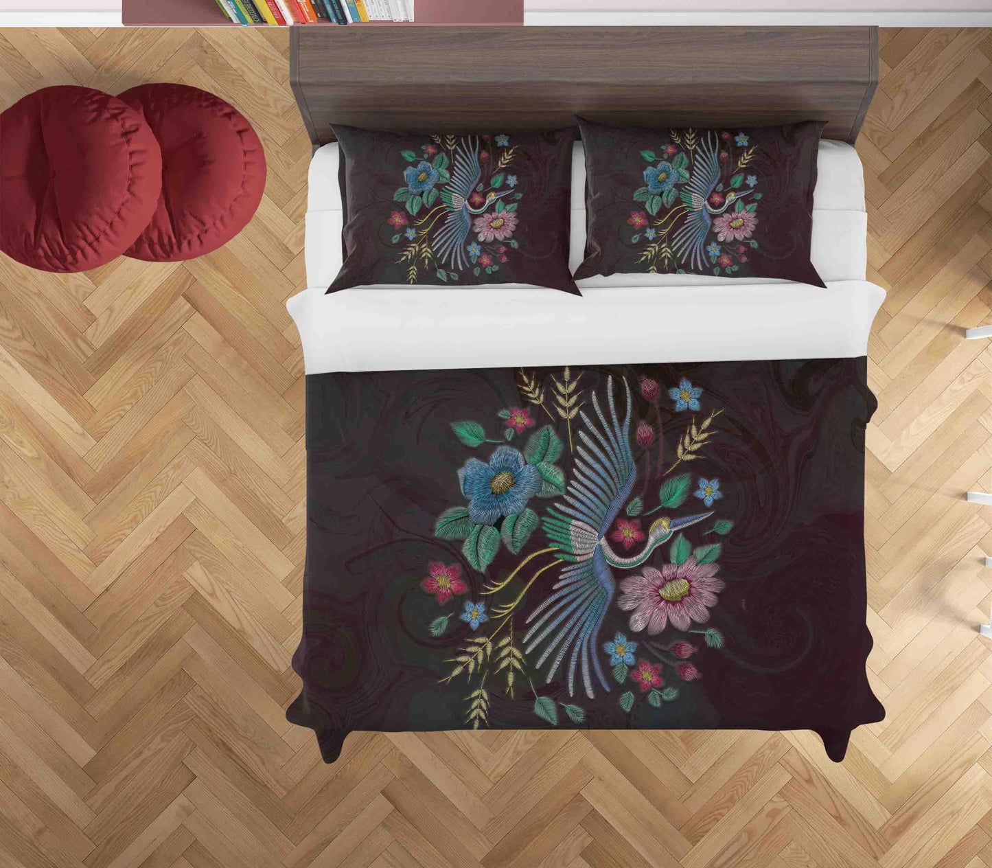 3D Black Embroidery Crane Floral Quilt Cover Set Bedding Set Duvet Cover Pillowcases SF008