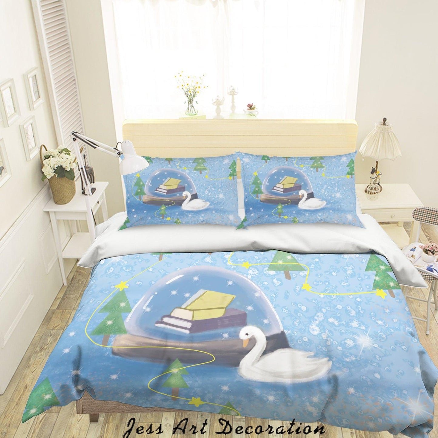 3D Cartoon Blue Pond Swan Book Quilt Cover Set Bedding Set Duvet Cover Pillowcases A585 LQH