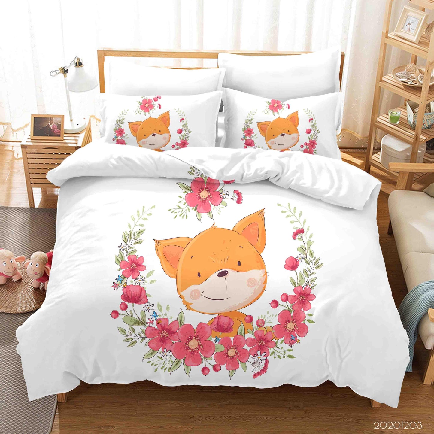 3D Cartoon Pink Floral Plant Fox Animal Quilt Cover Set Bedding Set Duvet Cover Pillowcases LXL