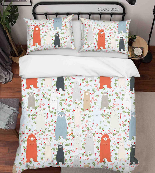 3D Cartoon Hand Drawn Colorful Bear Animal Floral Plant Pattern Quilt Cover Set Bedding Set Duvet Cover Pillowcases LXL