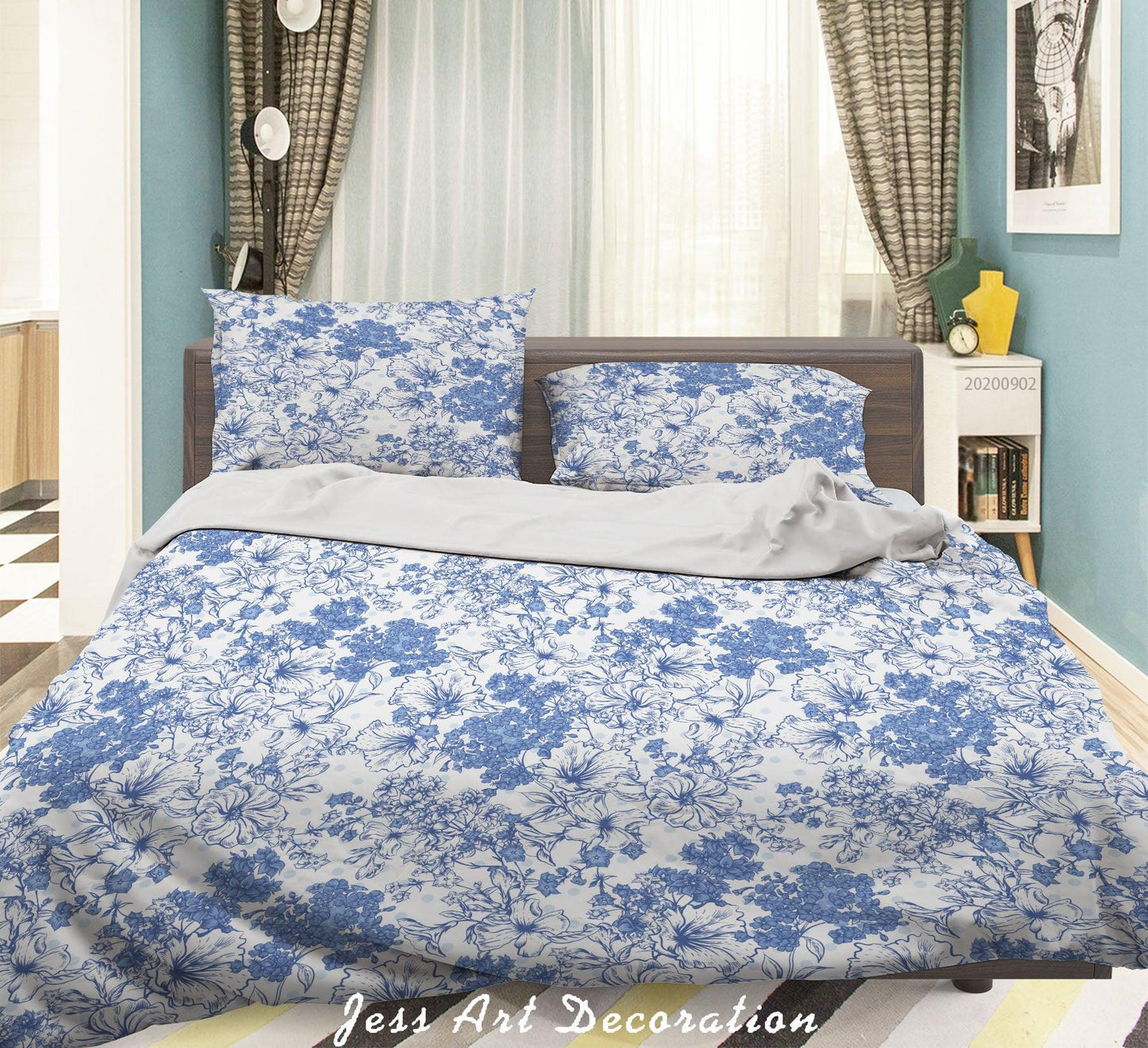 3D Blue FLowers Leaves Pattern Quilt Cover Set Bedding Set Duvet Cover Pillowcases WJ 1469