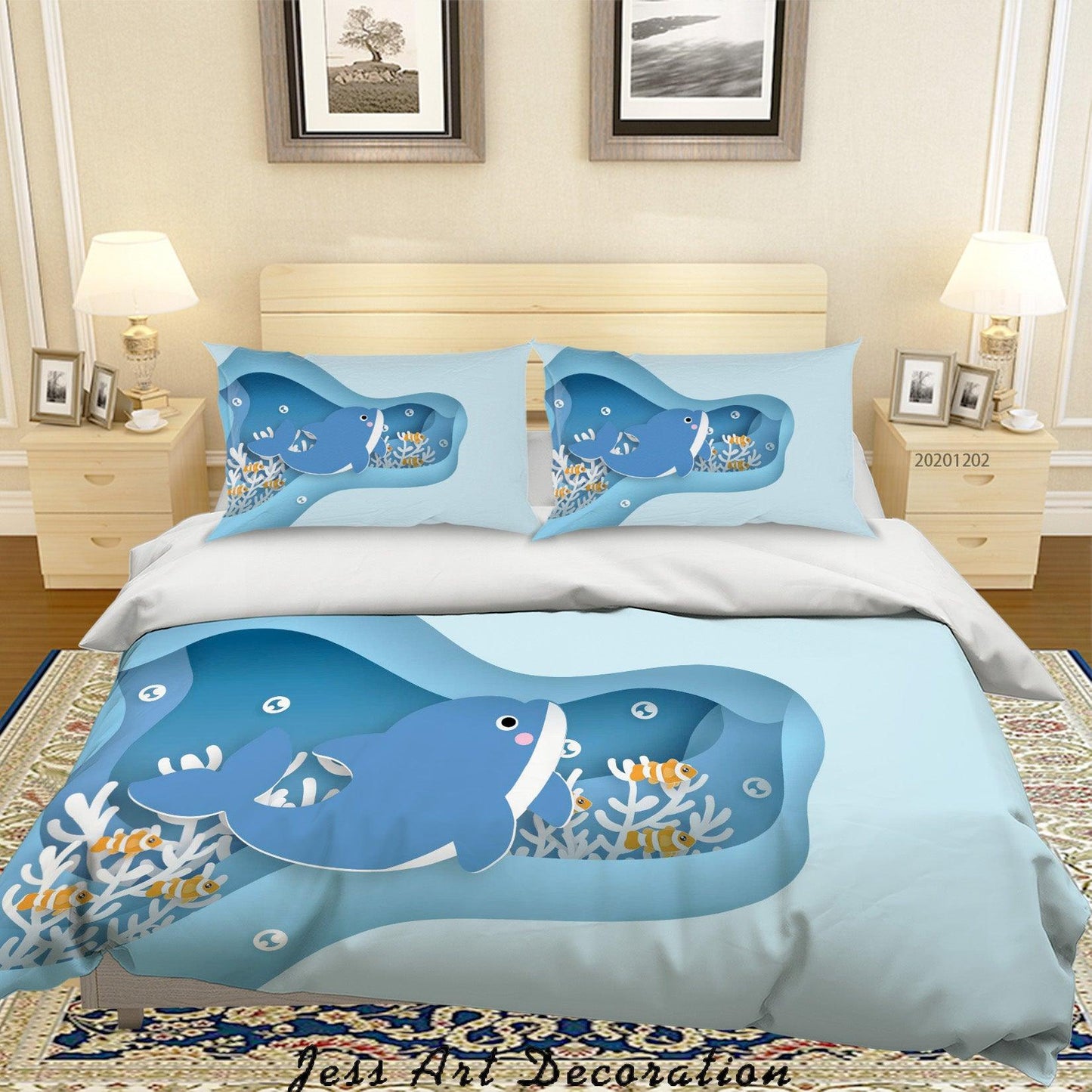 3D Cartoon Hand Drawn Blue Ocean Whale Fish Coral Quilt Cover Set Bedding Set Duvet Cover Pillowcases LXL