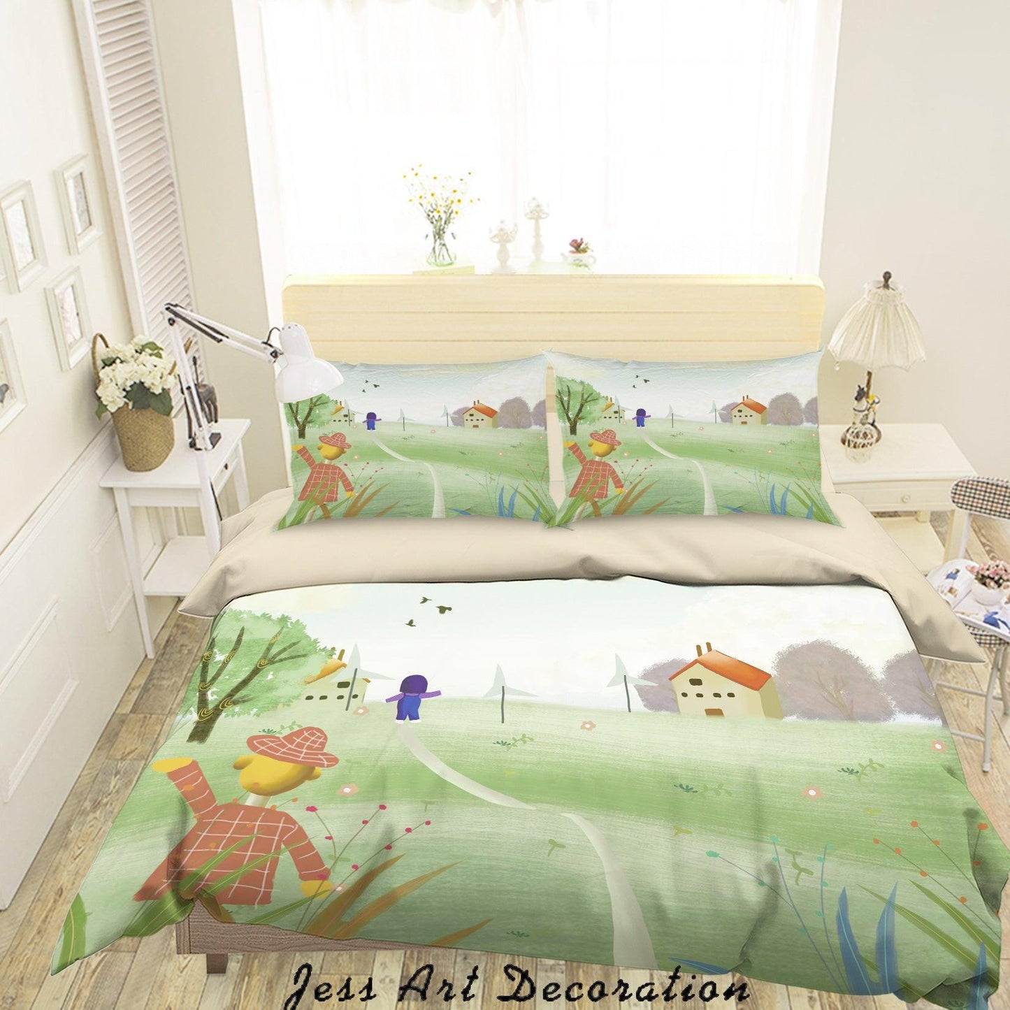 3D Cartoon Green Lawn Windmill Girl Quilt Cover Set Bedding Set Duvet Cover Pillowcases A598 LQH