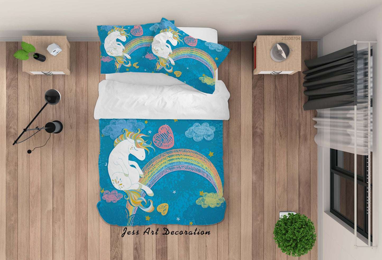 3D Blue Rainbow Heart Unicorn Quilt Cover Set Bedding Set Duvet Cover Pillowcases SF11