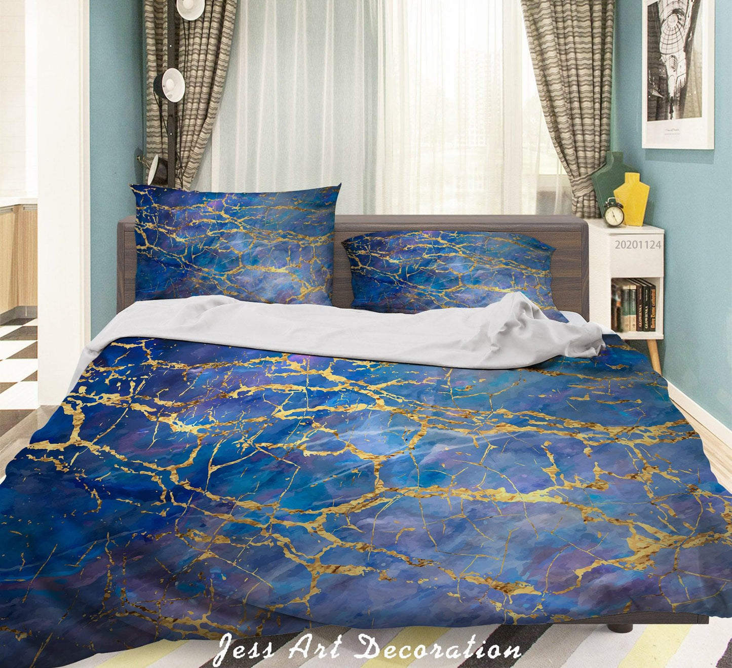 3D Abstract Golden Blue Marbled Quilt Cover Set Bedding Set Duvet Cover Pillowcases LXL