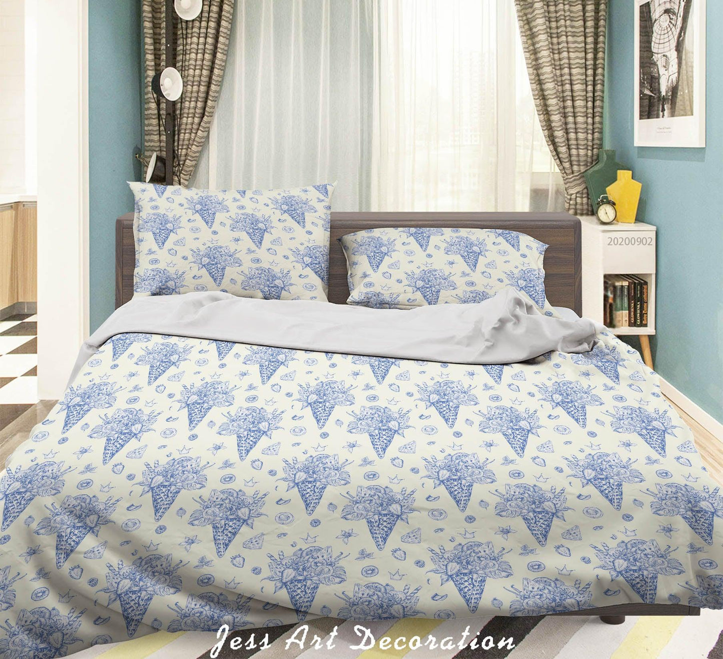 3D Blue Flowers Fruits Ice Cream Pattern Quilt Cover Set Bedding Set Duvet Cover Pillowcases WJ 1479