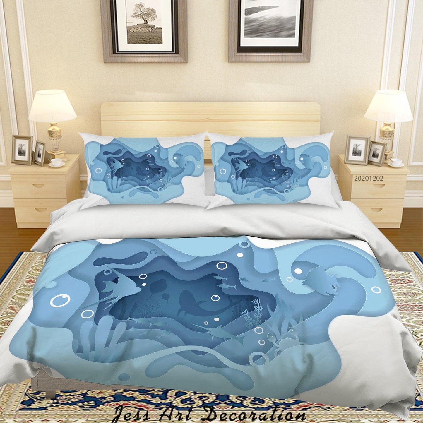 3D Abstract Hand Drawn Blue Ocean Coral Fish Bubble Quilt Cover Set Bedding Set Duvet Cover Pillowcases LXL