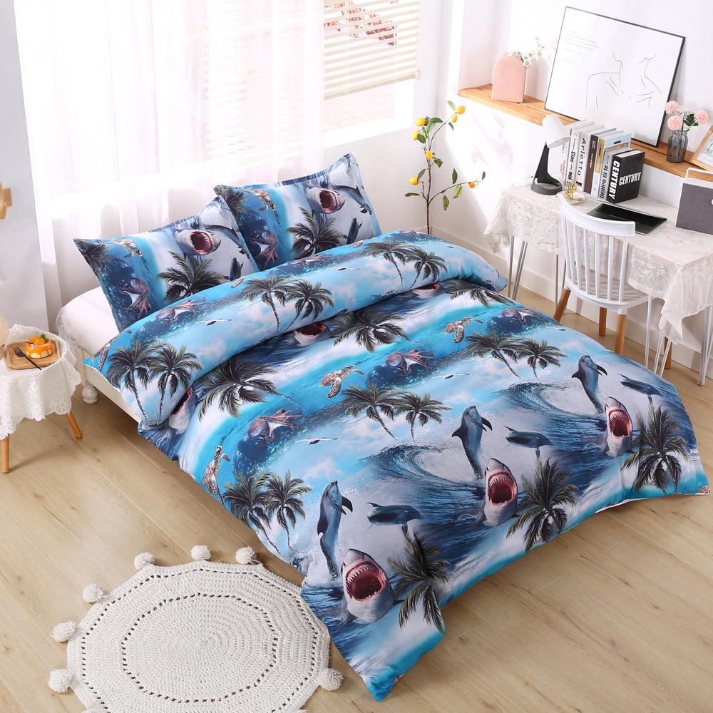 3D Blue Sea Coconut Tree Shark Quilt Cover Set Bedding Set Duvet Cover Pillowcases 509