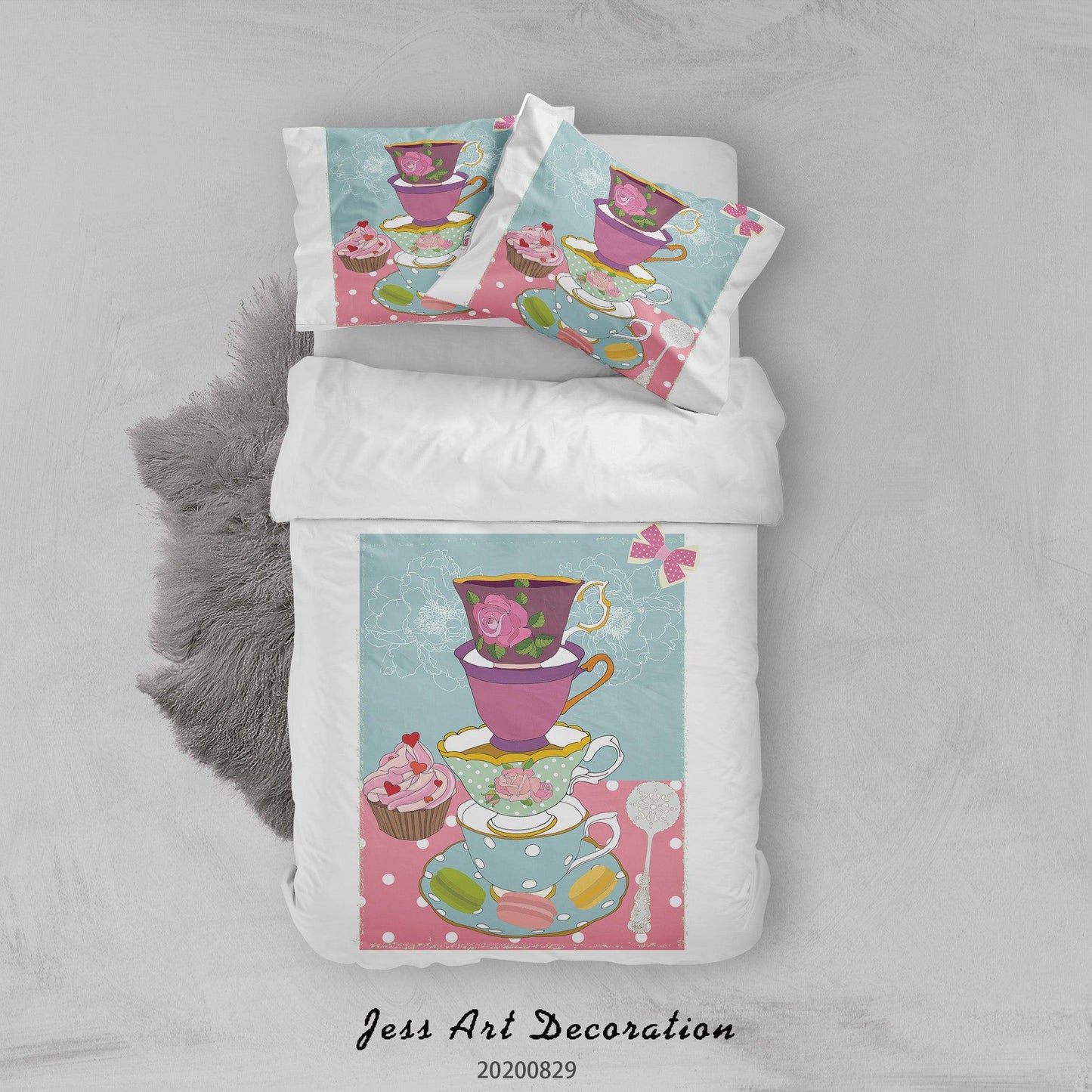 3D Abstract Hand Draw Cartoon Teacup Dessert Pattern Quilt Cover Set Bedding Set Duvet Cover Pillowcases WJ 3565