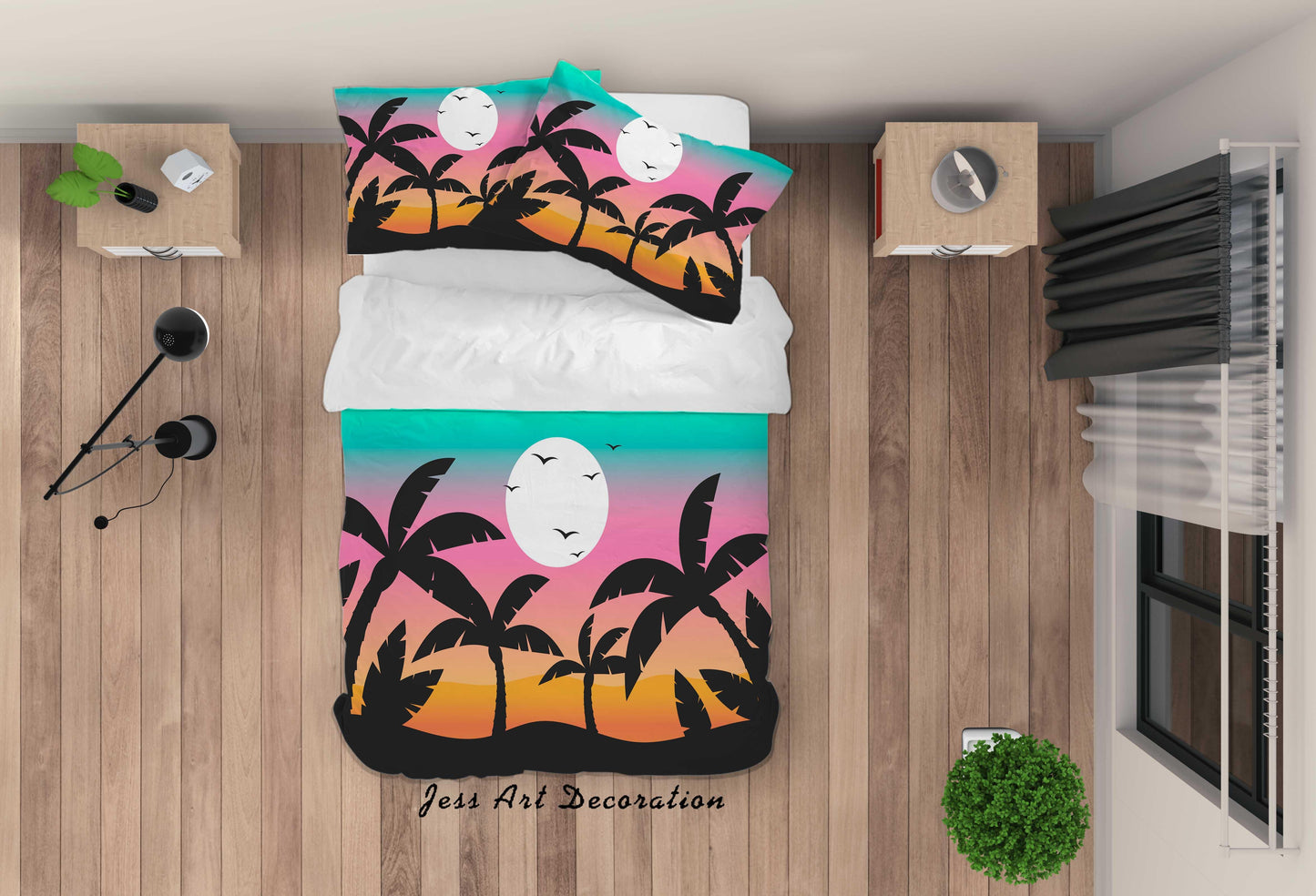 3D Cartoon Coconut Tree Sunset Quilt Cover Set Bedding Set Duvet Cover Pillowcases A055 LQH