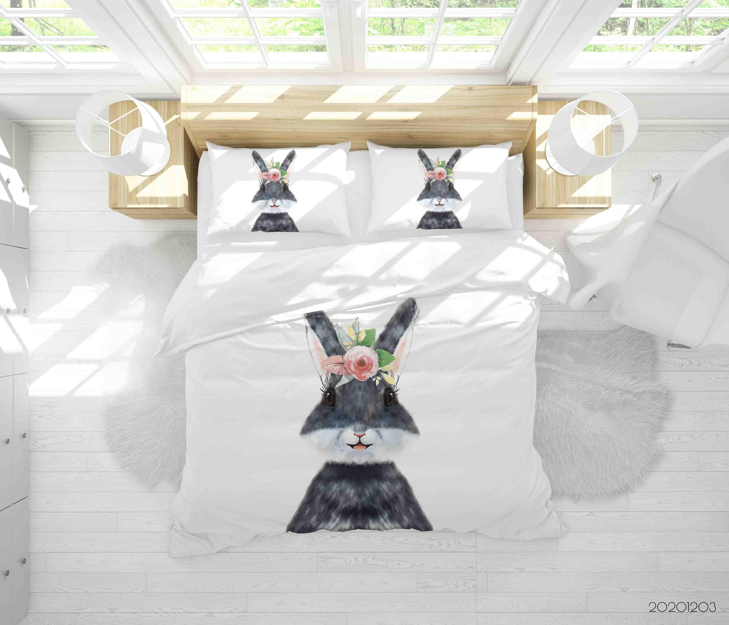 3D Cartoon Hand Drawn Pink Rose Floral Grey Bunny Animal Quilt Cover Set Bedding Set Duvet Cover Pillowcases LXL