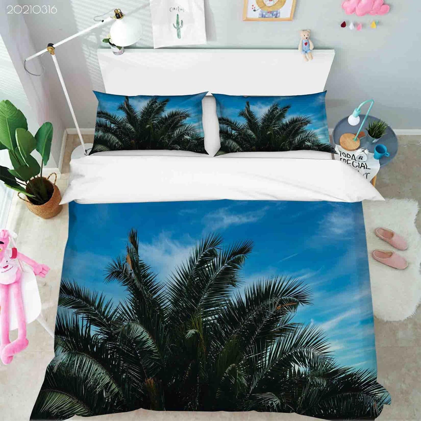 3D Blue Sky Palm Leaf Quilt Cover Set Bedding Set Duvet Cover Pillowcases 148