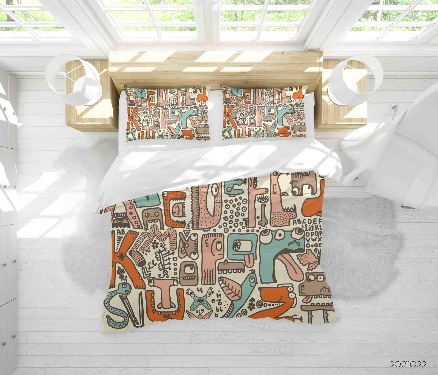 3D Cartoon Kids Letters Graffiti Quilt Cover Set Bedding Set Duvet Cover Pillowcases 69