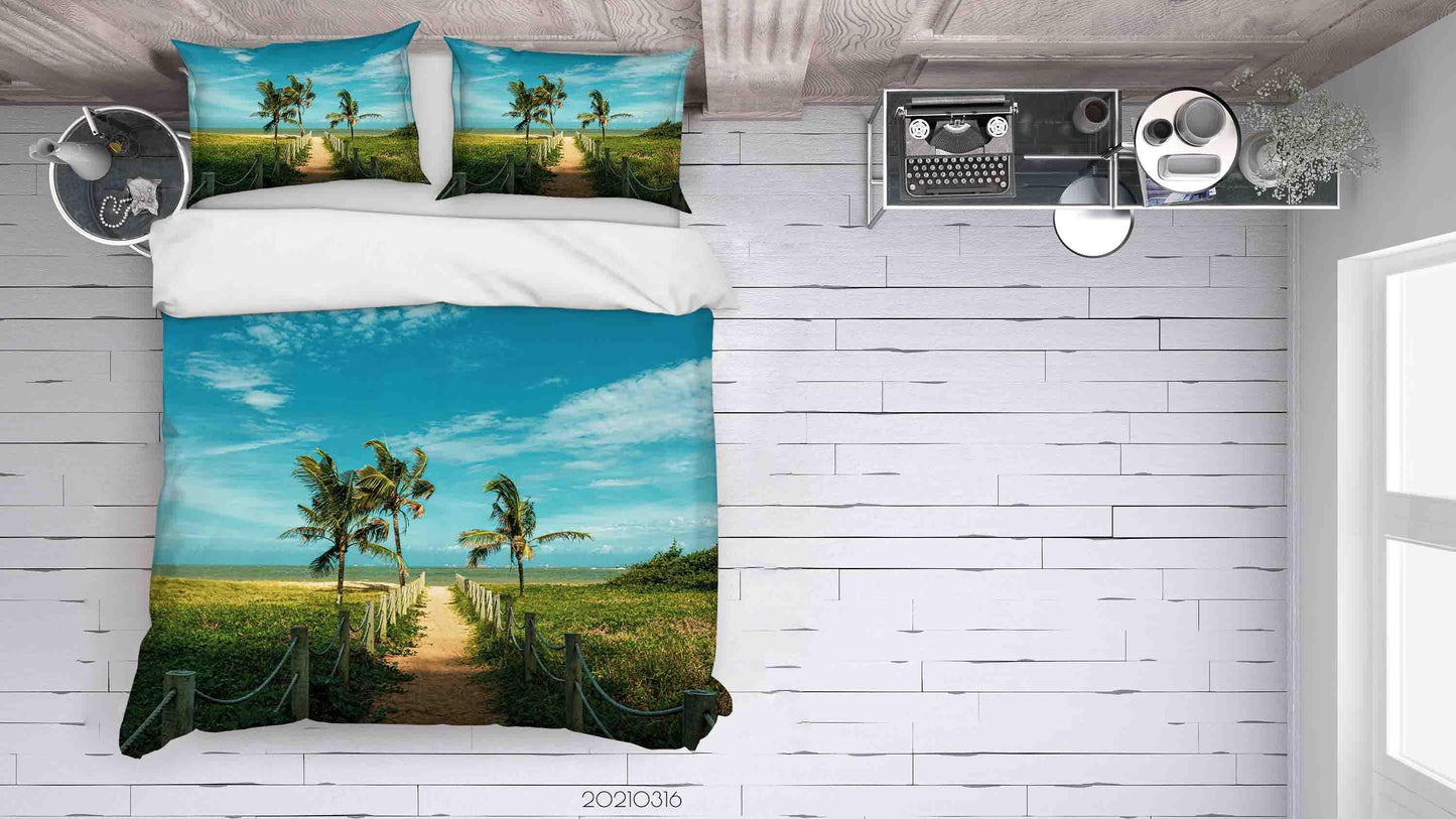 3D Blue Sky Cloud Coconut Tree Landscape Quilt Cover Set Bedding Set Duvet Cover Pillowcases 175
