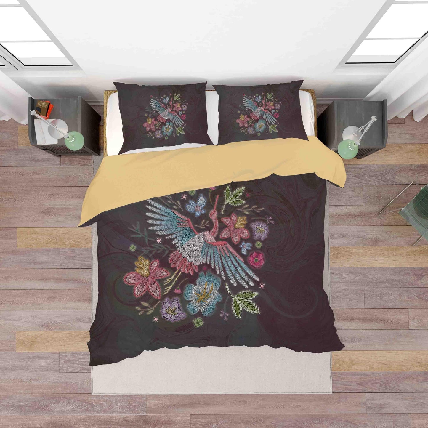 3D Black Embroidery Butterfly Crane Floral Quilt Cover Set Bedding Set Duvet Cover Pillowcases SF009