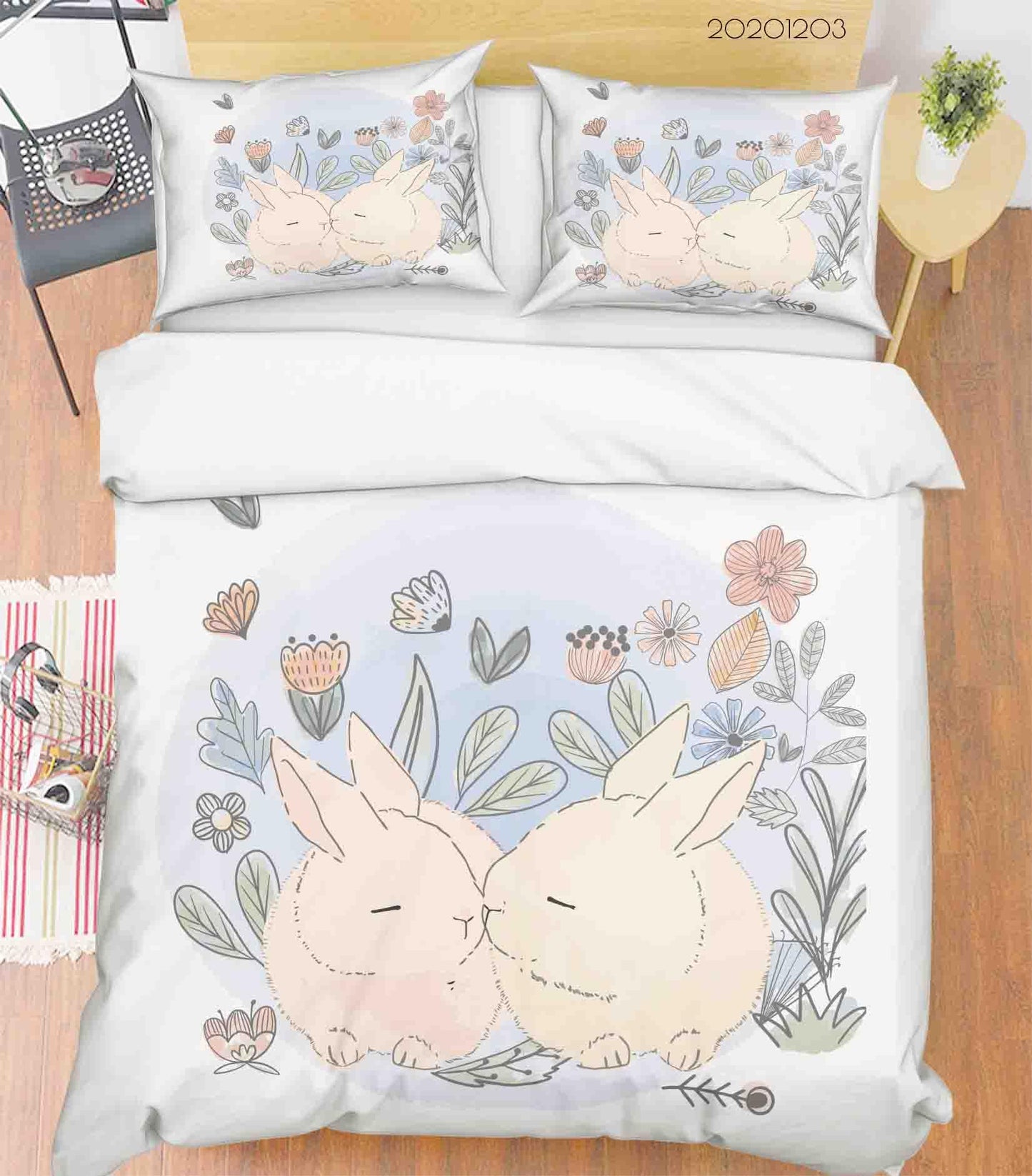 3D Cartoon Hand Drawn Floral Plant Bunny Couple Animal Quilt Cover Set Bedding Set Duvet Cover Pillowcases LXL