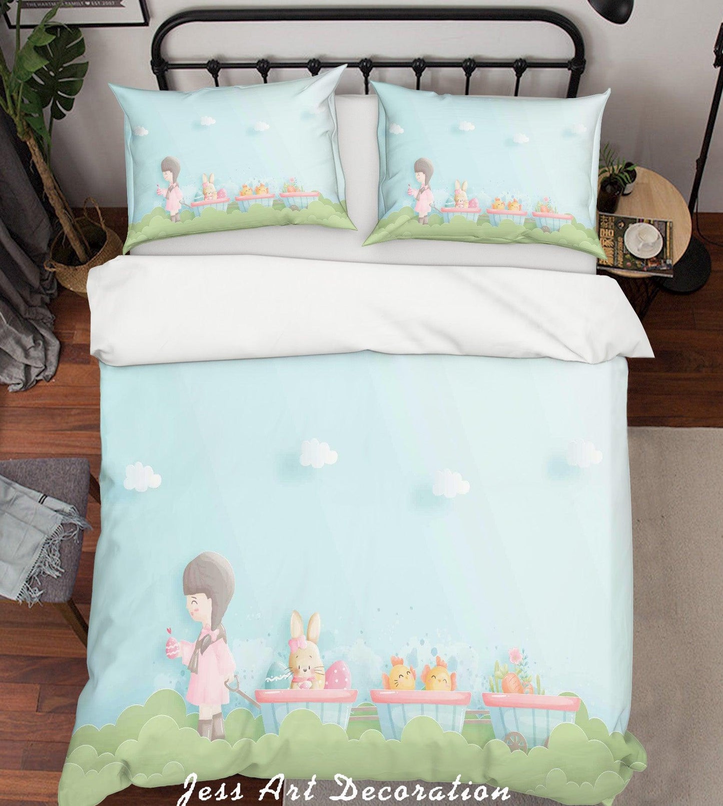 3D Blue Green Cartoon Rabbit Girl Chick Cart Quilt Cover Set Bedding Set Duvet Cover Pillowcases SF80