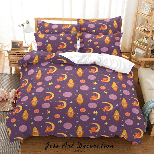 3D Cartoon Purple Space Moon Planet Rocket Pattern Quilt Cover Set Bedding Set Duvet Cover Pillowcases LXL