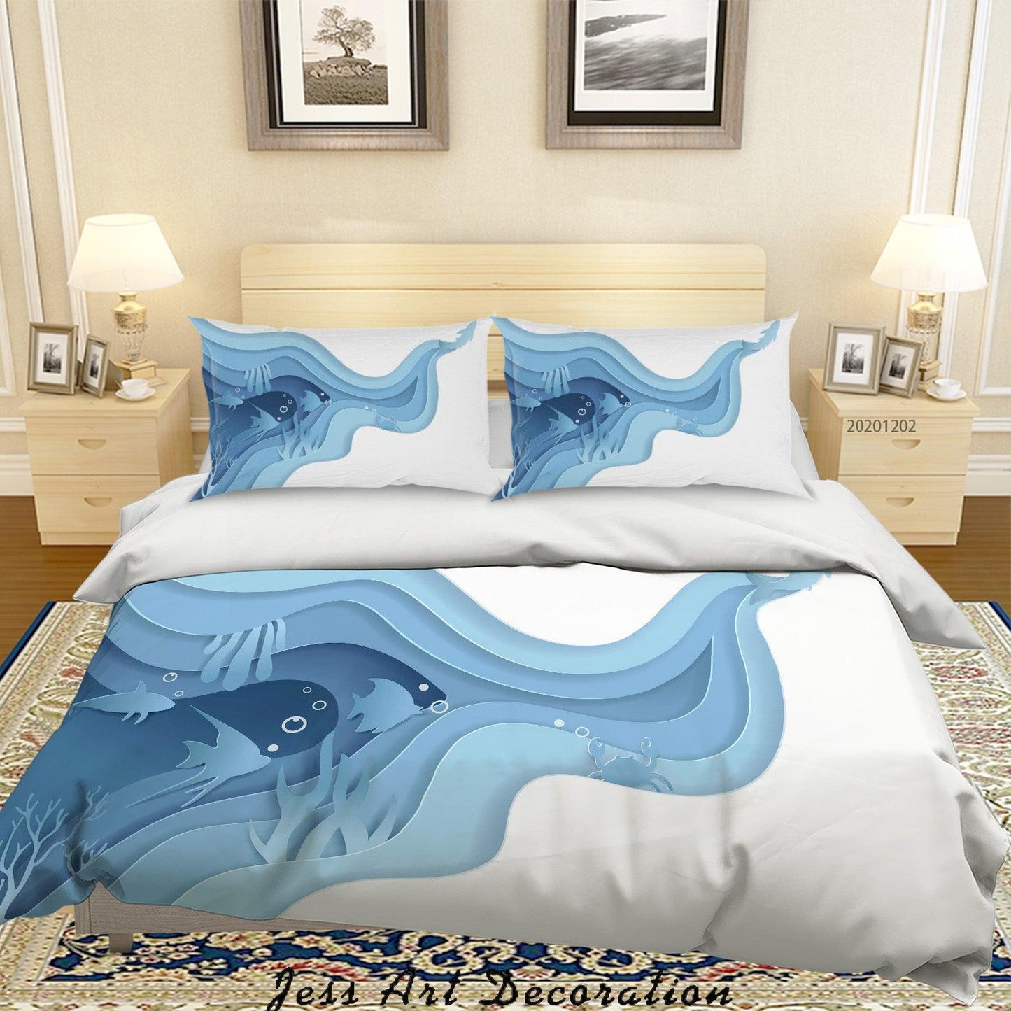 3D Abstract Hand Drawn Blue Ocean Coral Fish Quilt Cover Set Bedding Set Duvet Cover Pillowcases LXL