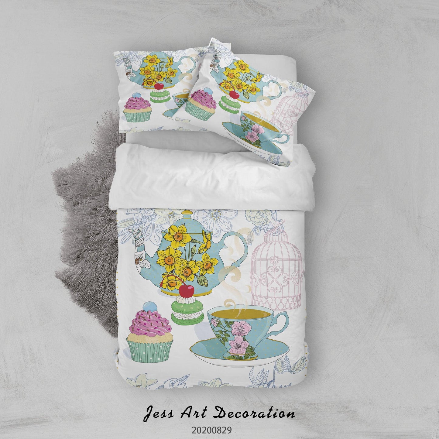 3D Abstract Hand Draw Cartoon Teacup Floral Pattern Quilt Cover Set Bedding Set Duvet Cover Pillowcases WJ 3594