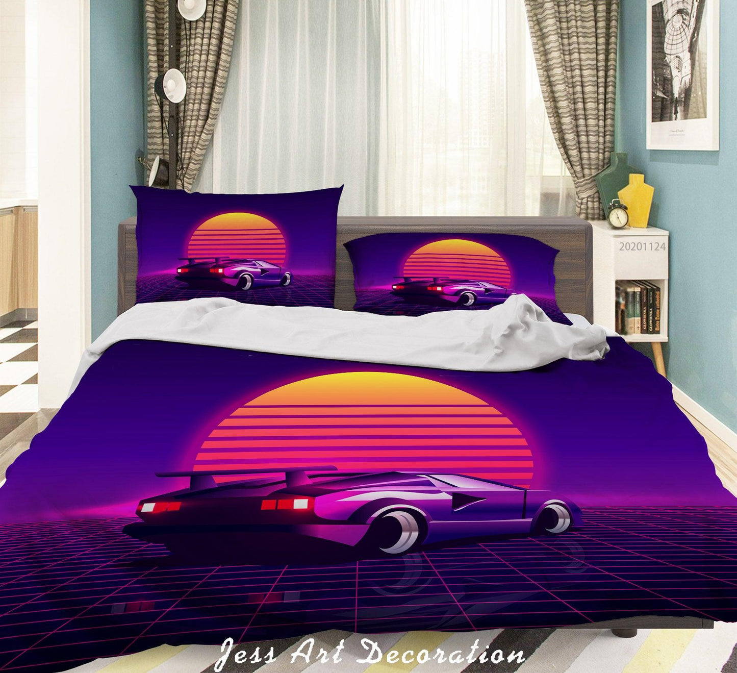 3D Abstract Sunset Vintage Car Vehicle Purple Quilt Cover Set Bedding Set Duvet Cover Pillowcases LXL