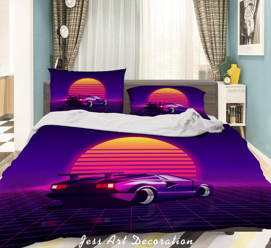 3D Abstract Sunset Vintage Car Vehicle Purple Quilt Cover Set Bedding Set Duvet Cover Pillowcases LXL