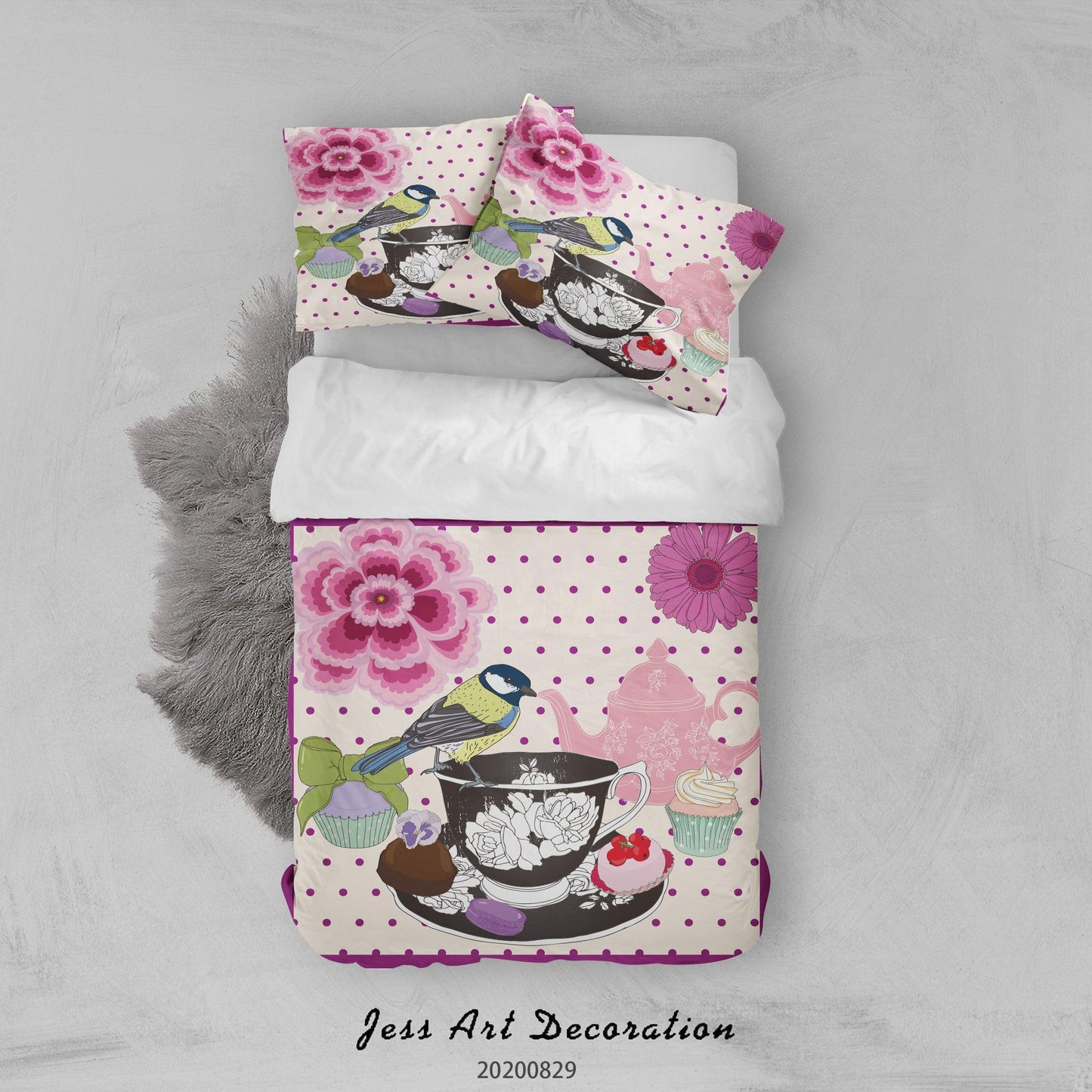 3D Abstract Hand Draw Cartoon Teacup Butterfly Bird Pattern Quilt Cover Set Bedding Set Duvet Cover Pillowcases WJ 3587