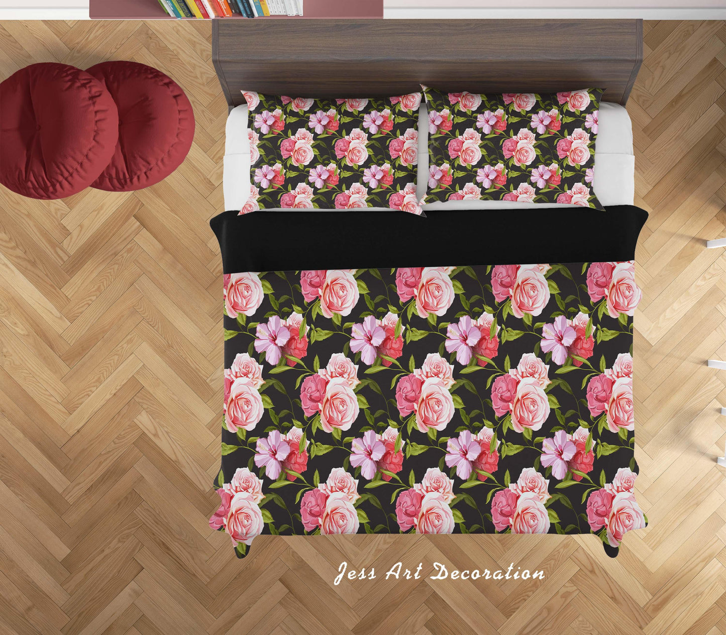 3D Black Pink Flowers Quilt Cover Set Bedding Set Duvet Cover Pillowcases SF07