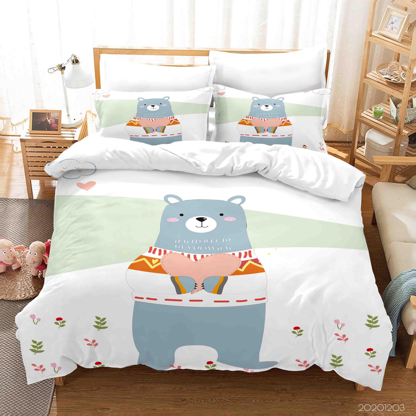 3D Cartoon Hand Drawn Blue Bear Animal Floral Plant Quilt Cover Set Bedding Set Duvet Cover Pillowcases LXL