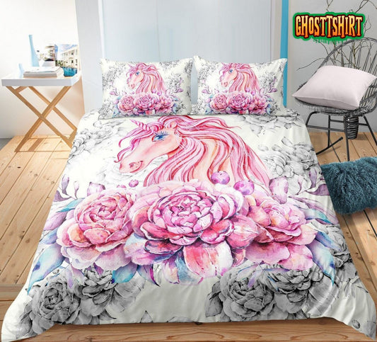 3D Beautiful Unicorn With Flowers Bed Sheets Duvet Cover Bedding Set