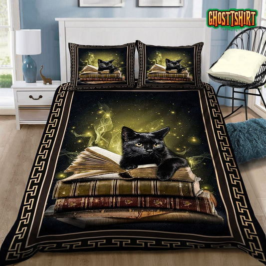 3D Black Cat On The Book Bed Sheets Duvet Cover Bedding Set