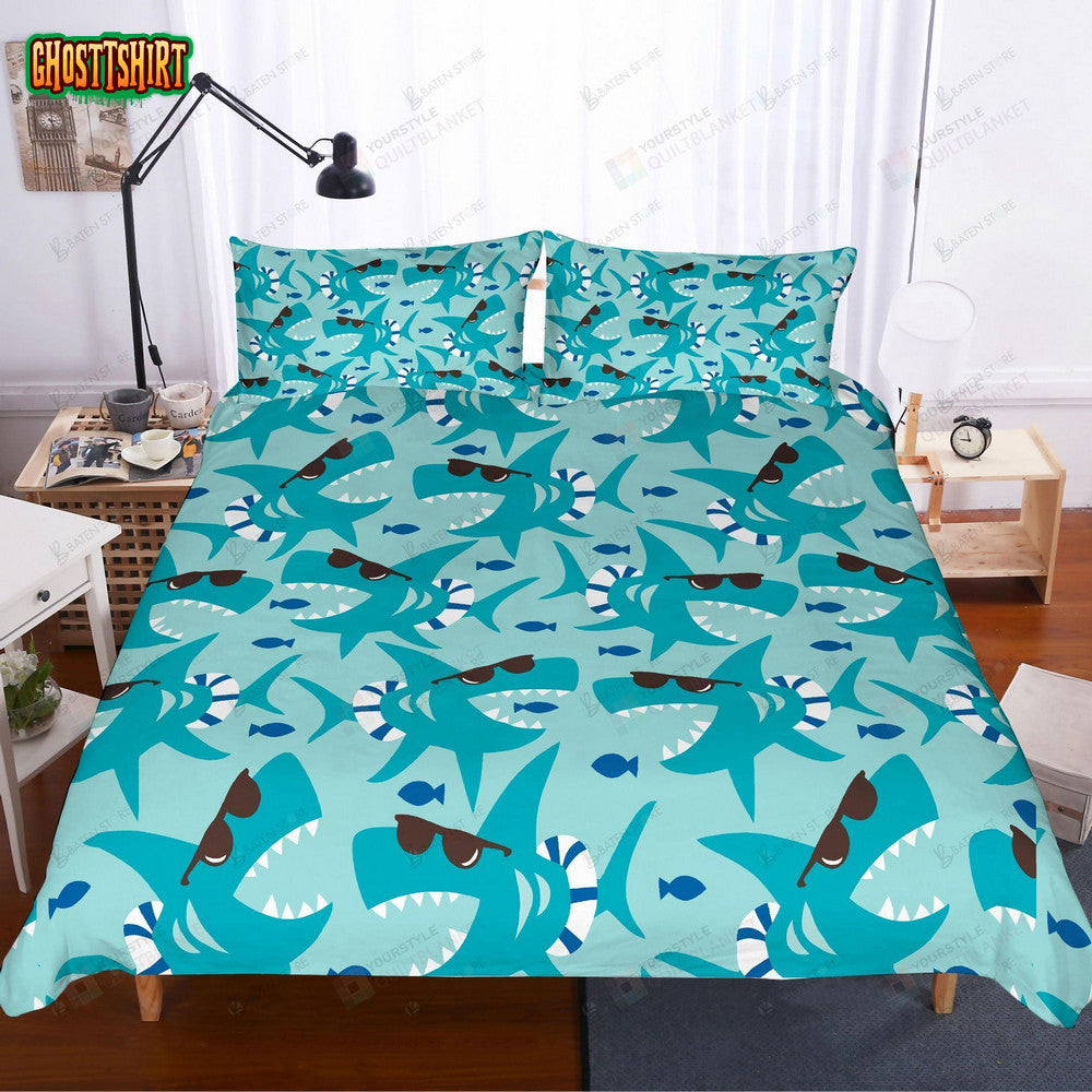 3D Blue Cartoon Shark Bed Sheets Duvet Cover Bedding Set