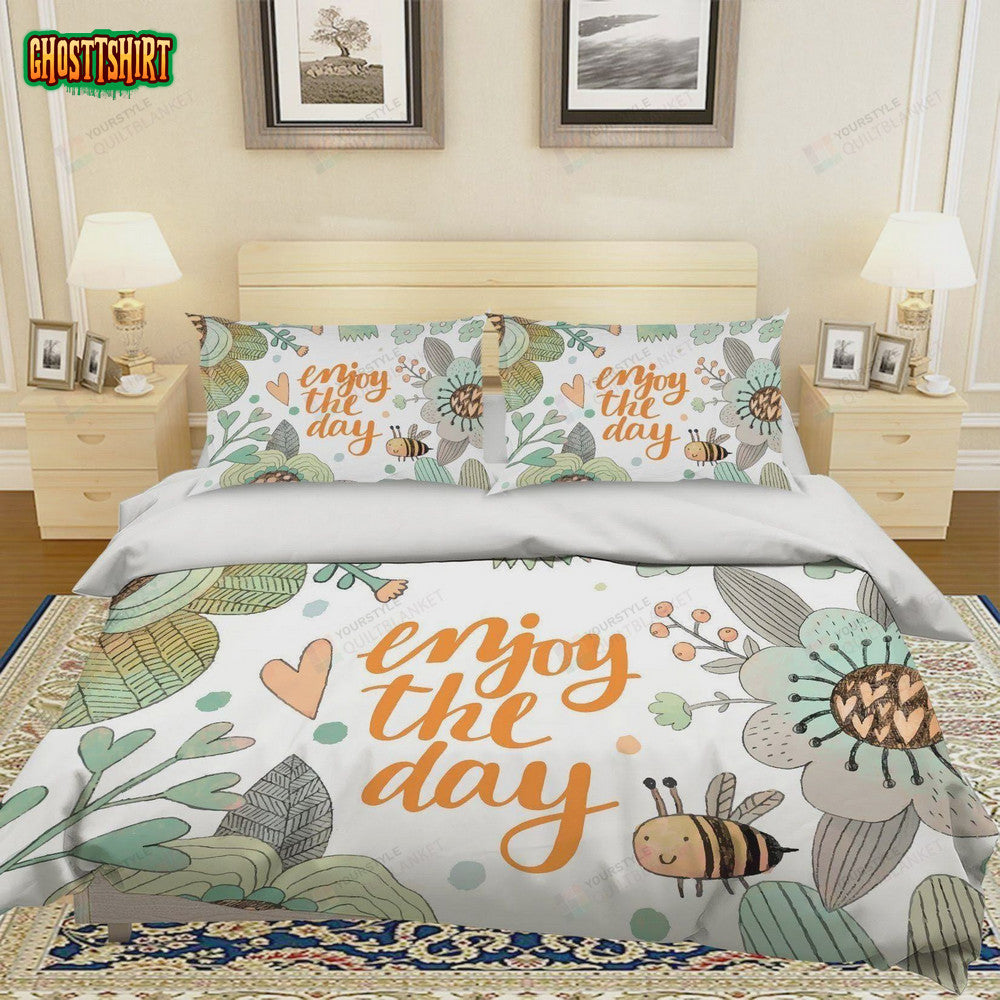 3D Cartoon Bee Flower Enjoy The Day Cotton Bed Sheets Spread Comforter Duvet Cover Bedding Set