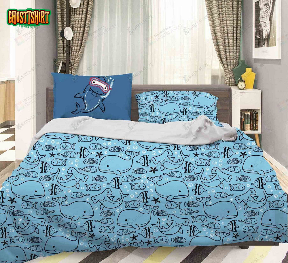3D Cartoon Blue Fishes Bed Sheets Duvet Cover Bedding Set
